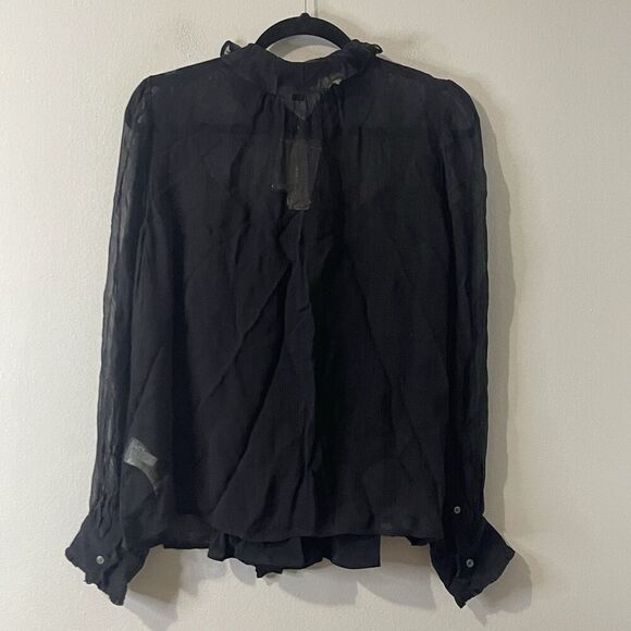 J.CREW Ruffle Button-up Shirt in Crinkle Chiffon Size 4 Black NEW Modern CF436 - Picture 9 of 16